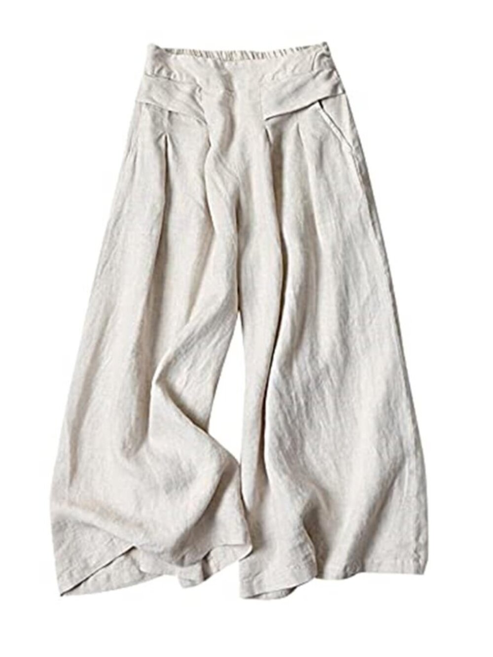 Women Linen Wide Leg Palazzo Pants Elastic Waist Culottes Capri Pockets Beige